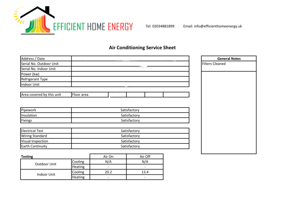Air Conditioning Service Sheet