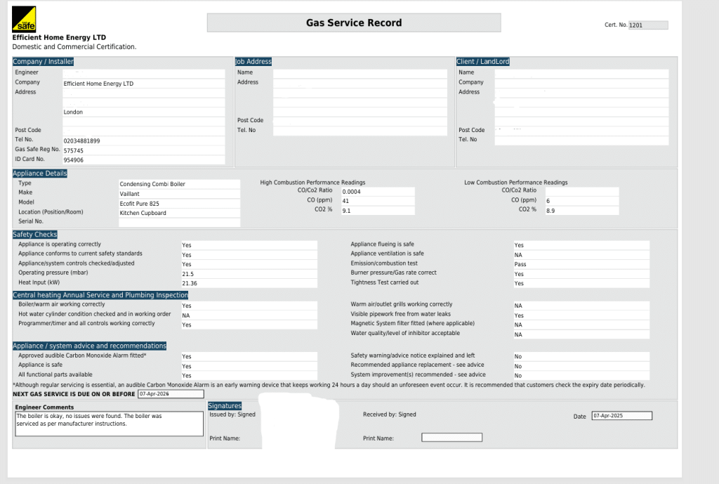 Boiler Service Certificate Sheet