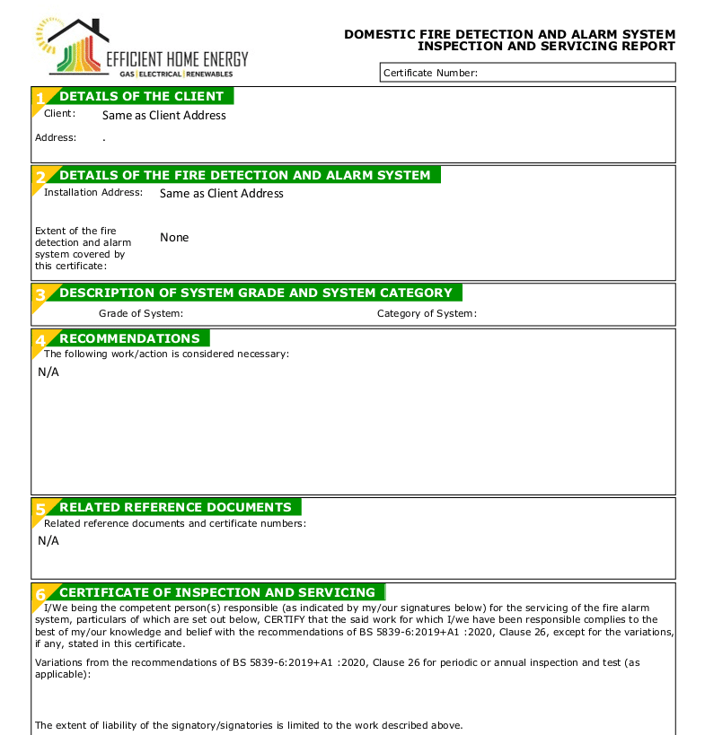 Fire Alarm Certificate example